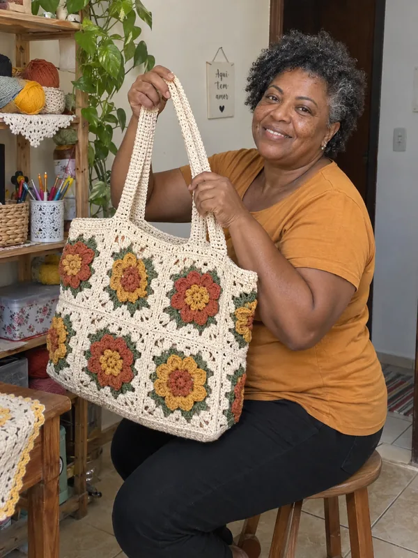 Mulher com bolsa de crochê em casa