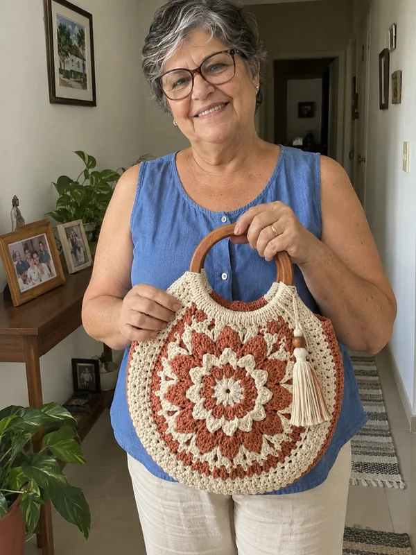 Mulher com bolsa de crochê em casa